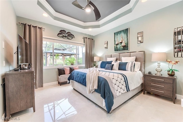 3181 Bramble Cove Ct, Fort Myers, FL 33905 - bedroom with crown molding, a raised ceiling, ceiling fan, light tile patterned floors, and recessed lighting