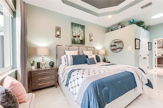 3181 Bramble Cove Ct, Fort Myers, FL 33905 - bedroom featuring recessed lighting, a tray ceiling, marble finish floors, and crown molding