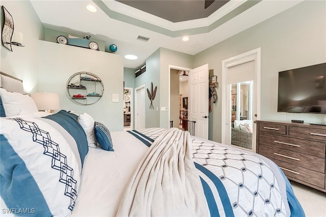 3181 Bramble Cove Ct, Fort Myers, FL 33905 - bedroom featuring recessed lighting, a tray ceiling, crown molding, and a closet