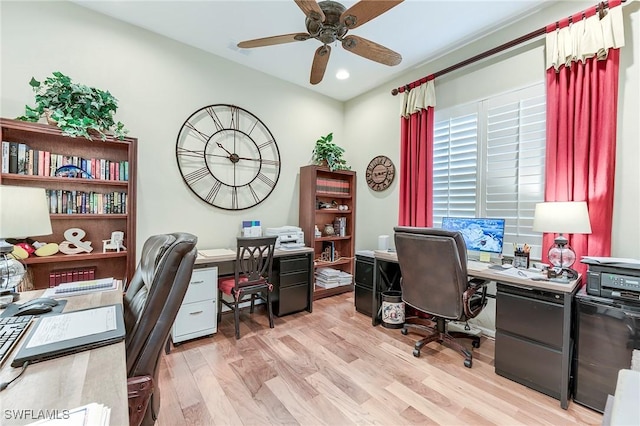 3181 Bramble Cove Ct, Fort Myers, FL 33905 - office area featuring light wood-style floors, ceiling fan, and recessed lighting