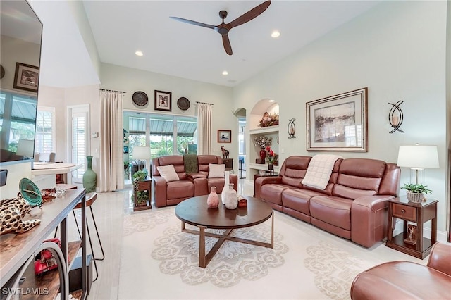 3181 Bramble Cove Ct, Fort Myers, FL 33905 - living area featuring ceiling fan, recessed lighting, and a towering ceiling