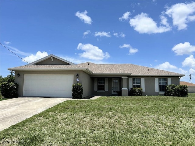 460 Petite Ave, Lehigh Acres, FL 33974 - ranch-style house with stucco siding, a garage, driveway, and a front lawn