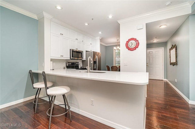 4005 Palm Tree Blvd Unit 103, Cape Coral, FL 33904 - kitchen with stainless steel appliances, a sink, a kitchen breakfast bar, a peninsula, and dark wood-style floors
