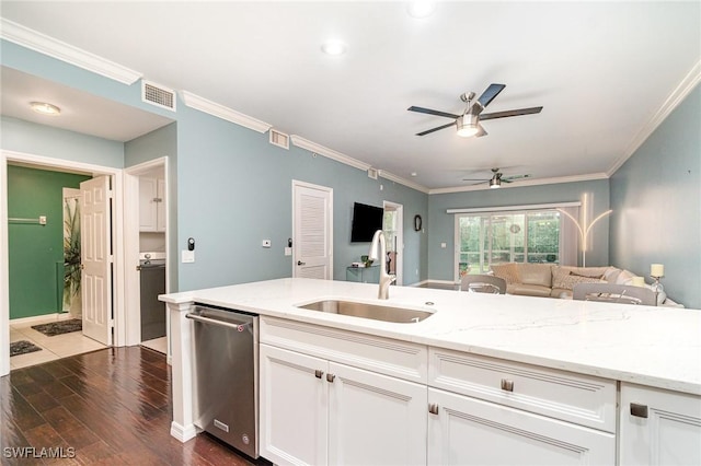 4005 Palm Tree Blvd Unit 103, Cape Coral, FL 33904 - kitchen featuring a sink, ceiling fan, dishwasher, open floor plan, and dark wood-style flooring