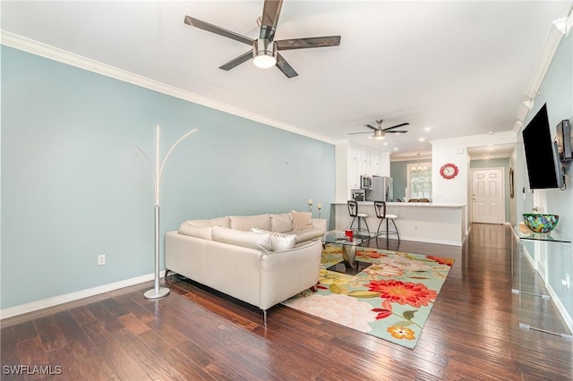 4005 Palm Tree Blvd Unit 103, Cape Coral, FL 33904 - living area with a ceiling fan, ornamental molding, baseboards, dark wood-style flooring, and recessed lighting