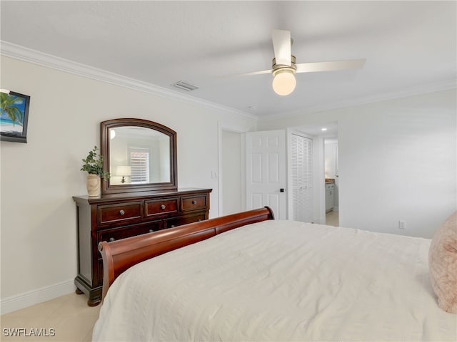 3200 Binnacle Dr Unit B3, Naples, FL 34103 - bedroom featuring crown molding, baseboards, a ceiling fan, light tile patterned flooring, and ensuite bathroom