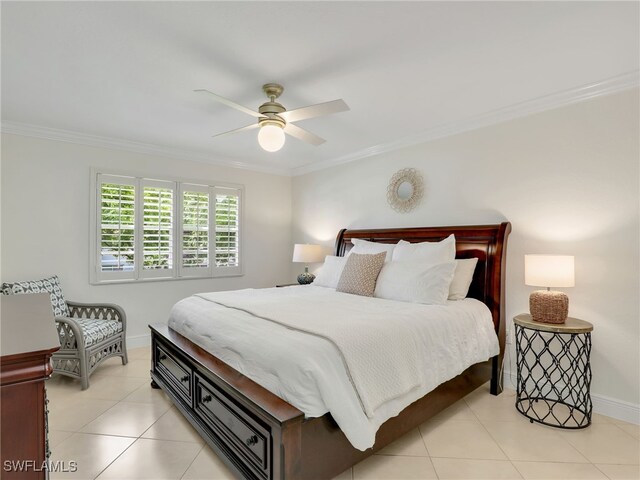 3200 Binnacle Dr Unit B3, Naples, FL 34103 - bedroom with crown molding, baseboards, light tile patterned floors, and ceiling fan