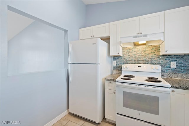 2208/2210 Haviland Ave S, Lehigh Acres, FL 33973 - kitchen featuring white appliances, under cabinet range hood, decorative backsplash, and white cabinets