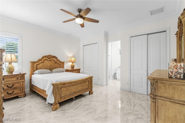 2228 SW 15th Ave, Cape Coral, FL 33991 - bedroom featuring multiple closets, ornamental molding, light marble finish flooring, ensuite bathroom, and ceiling fan