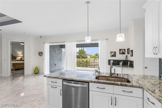 2228 SW 15th Ave, Cape Coral, FL 33991 - kitchen featuring stainless steel dishwasher, a sink, ornamental molding, light stone countertops, and white cabinets