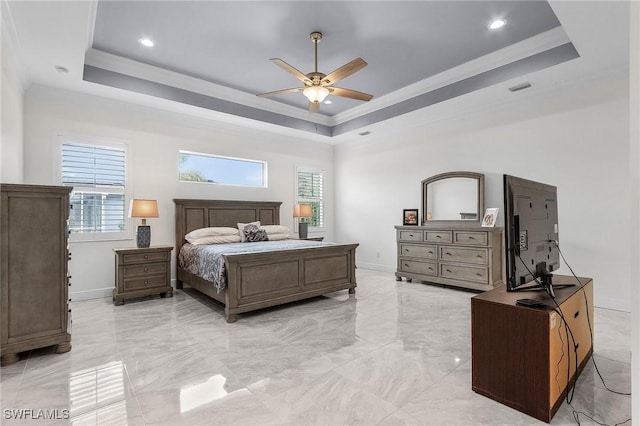 2228 SW 15th Ave, Cape Coral, FL 33991 - bedroom with a raised ceiling, multiple windows, ornamental molding, baseboards, and light marble finish floors