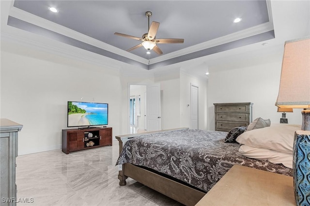 2228 SW 15th Ave, Cape Coral, FL 33991 - bedroom featuring a tray ceiling, ornamental molding, light marble finish flooring, recessed lighting, and a ceiling fan