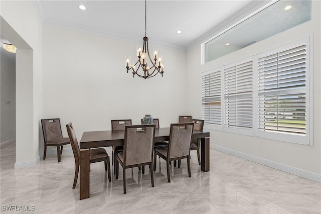 2228 SW 15th Ave, Cape Coral, FL 33991 - dining space featuring a chandelier, light marble finish floors, crown molding, recessed lighting, and baseboards