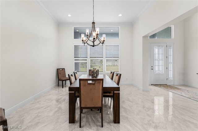 2228 SW 15th Ave, Cape Coral, FL 33991 - dining room featuring ornamental molding, a chandelier, baseboards, light marble finish flooring, and recessed lighting