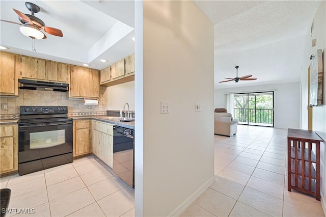 17458 Blueberry Hill Dr Unit F, Fort Myers, FL 33908 - kitchen featuring black appliances, under cabinet range hood, ceiling fan, light tile patterned flooring, and recessed lighting