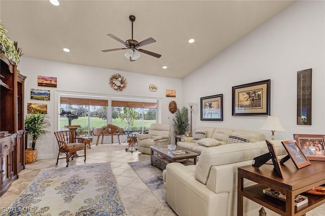 15657 Carriedale Ln, Fort Myers, FL 33912 - living room featuring a ceiling fan, recessed lighting, and high vaulted ceiling
