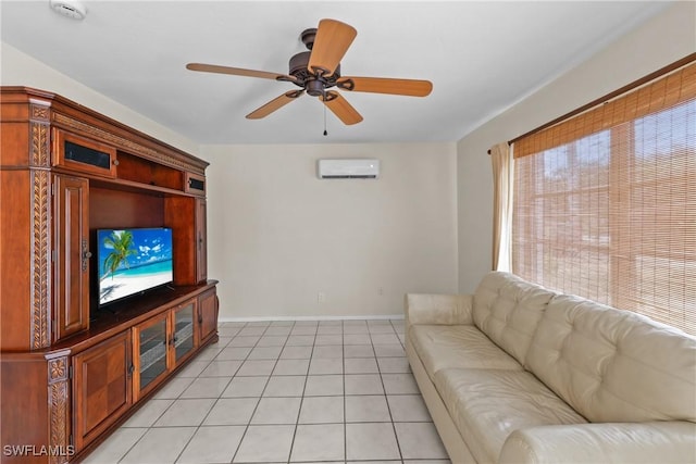 4969 Vincennes St, Cape Coral, FL 33904 - living area with light tile patterned flooring, a wall mounted AC, baseboards, and ceiling fan