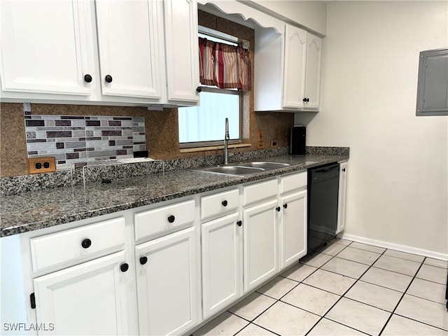 4969 Vincennes St, Cape Coral, FL 33904 - kitchen featuring black dishwasher, a sink, electric panel, decorative backsplash, and white cabinetry