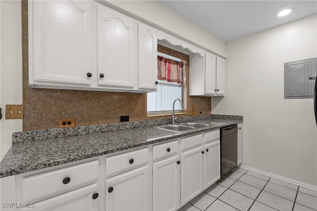 4969 Vincennes St, Cape Coral, FL 33904 - kitchen featuring black dishwasher, a sink, white cabinetry, backsplash, and light tile patterned floors