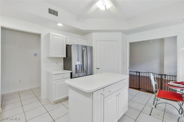 5795 Grande Reserve Way Unit 1001, Naples, FL 34110 - kitchen featuring stainless steel refrigerator with ice dispenser, light tile patterned floors, light countertops, ceiling fan, and recessed lighting