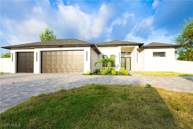 2219 Surfside Blvd, Cape Coral, FL 33991 - prairie-style home with an attached garage, decorative driveway, and stucco siding