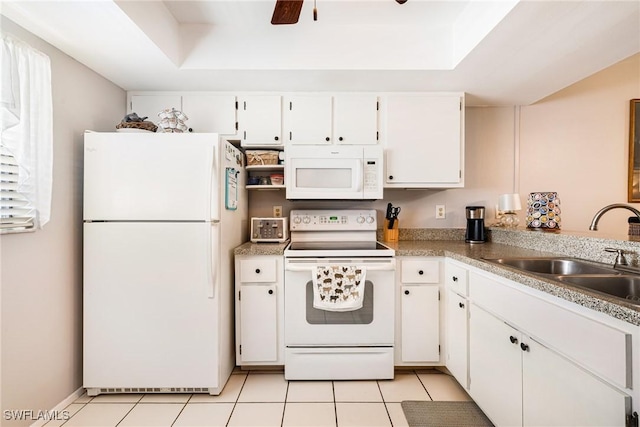 6324 Sugar Bush Ln Unit F, Fort Myers, FL 33908 - kitchen with white appliances, a sink, white cabinetry, and a ceiling fan