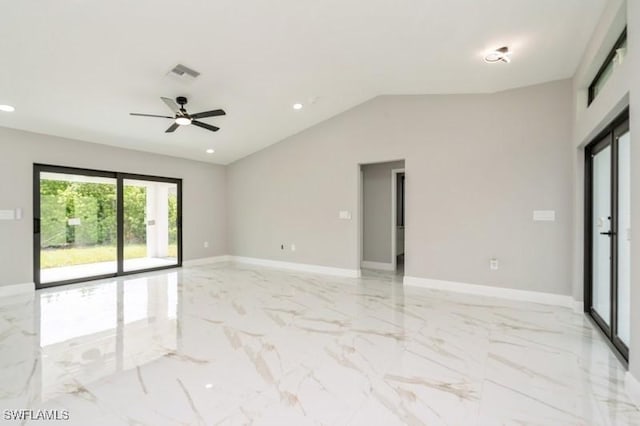 1603 Karen Ave S, Lehigh Acres, FL 33976 - spare room with light marble finish flooring, ceiling fan, lofted ceiling, recessed lighting, and baseboards