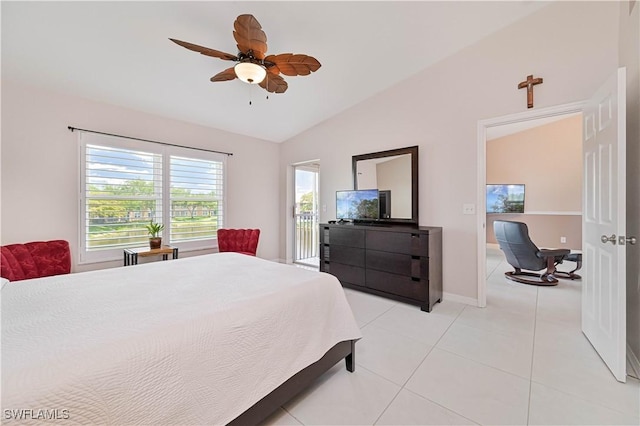 15041 Bridgeway Ln Unit 1006, Fort Myers, FL 33919 - bedroom featuring vaulted ceiling, a ceiling fan, light tile patterned floors, baseboards, and access to outside