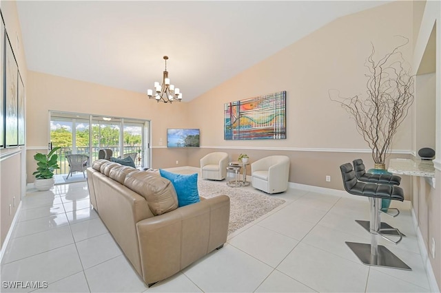 15041 Bridgeway Ln Unit 1006, Fort Myers, FL 33919 - living area featuring vaulted ceiling, a chandelier, light tile patterned flooring, and baseboards