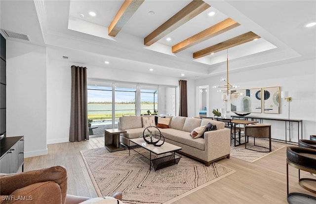 7393 Blue Salvia Dr, North Fort Myers, FL 33917 - living room featuring a tray ceiling, light wood-style floors, baseboards, recessed lighting, and beam ceiling