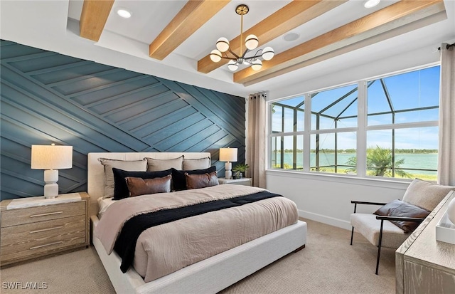 7393 Blue Salvia Dr, North Fort Myers, FL 33917 - bedroom featuring a chandelier, a water view, carpet floors, baseboards, and beam ceiling