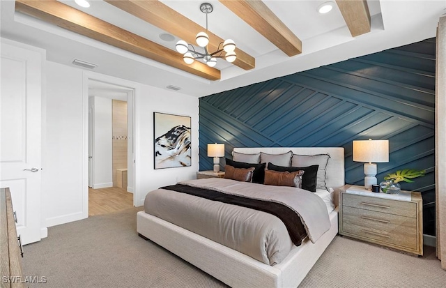 7393 Blue Salvia Dr, North Fort Myers, FL 33917 - bedroom featuring beamed ceiling, light colored carpet, a chandelier, an accent wall, and baseboards