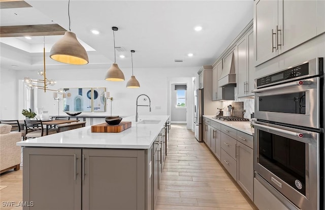 7393 Blue Salvia Dr, North Fort Myers, FL 33917 - kitchen featuring gray cabinetry, appliances with stainless steel finishes, premium range hood, a sink, and light wood finished floors