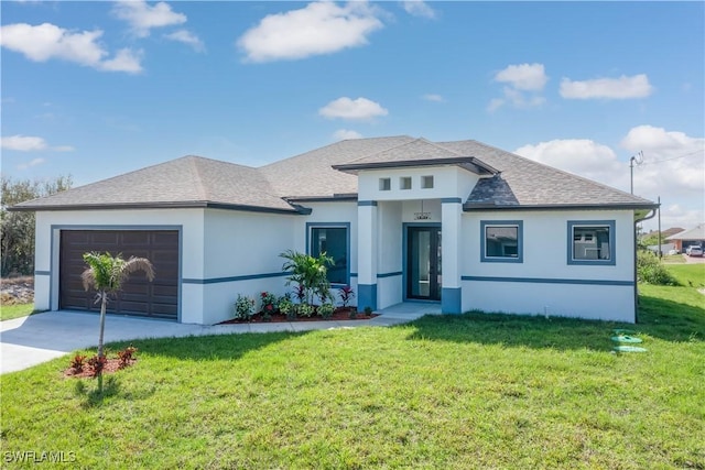 1245 Echard St E, Lehigh Acres, FL 33974 - view of front of home featuring an attached garage, stucco siding, driveway, a front yard, and a shingled roof