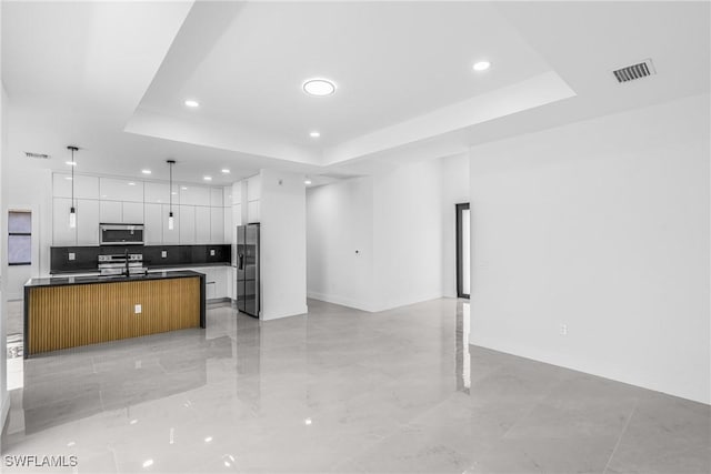 kitchen featuring appliances with stainless steel finishes, open floor plan, modern cabinets, a raised ceiling, and recessed lighting