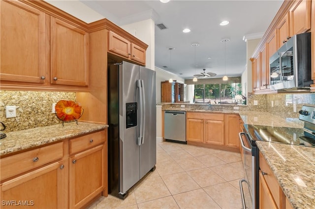 11111 Corsia Trieste Way Unit 101, Bonita Springs, FL 34135 - kitchen featuring stainless steel appliances, light tile patterned floors, backsplash, recessed lighting, and a ceiling fan