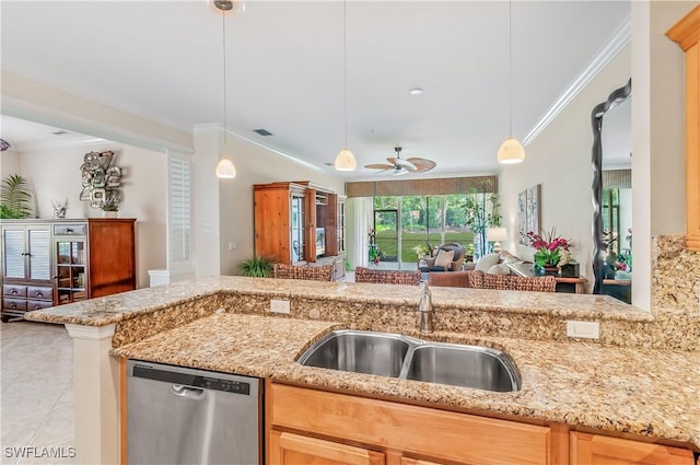 11111 Corsia Trieste Way Unit 101, Bonita Springs, FL 34135 - kitchen featuring dishwasher, open floor plan, ornamental molding, light stone countertops, and a ceiling fan