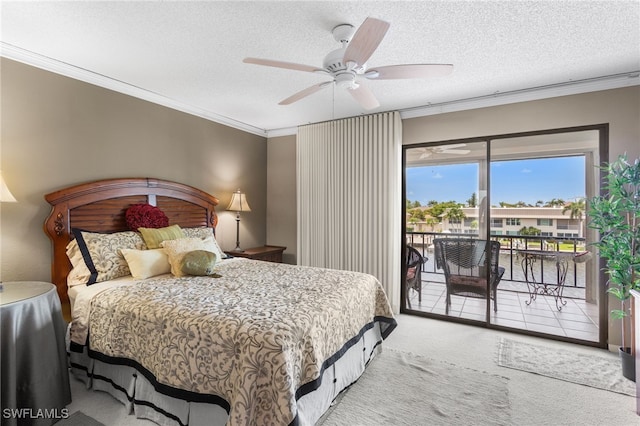 4210 SE 20th Pl Unit A8, Cape Coral, FL 33904 - bedroom featuring access to outside, crown molding, carpet floors, a textured ceiling, and ceiling fan