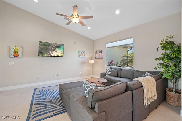 2519 SW 15th Ave, Cape Coral, FL 33914 - living room featuring vaulted ceiling, ceiling fan, recessed lighting, baseboards, and light tile patterned floors