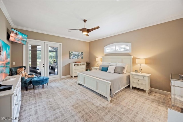 11041 Seminole Palm Way, Fort Myers, FL 33966 - bedroom featuring access to outside, ornamental molding, baseboards, ceiling fan, and light colored carpet