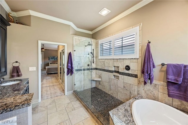 11041 Seminole Palm Way, Fort Myers, FL 33966 - bathroom featuring a tile shower, a bath, ensuite bath, vanity, and ornamental molding