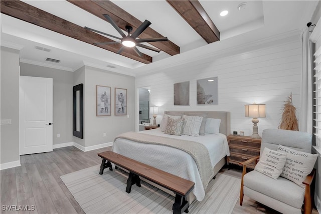 20150 Millrun Dr, Estero, FL 33928 - bedroom featuring beamed ceiling, light wood-style flooring, baseboards, and a ceiling fan