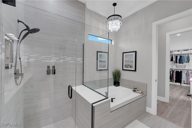 20150 Millrun Dr, Estero, FL 33928 - bathroom featuring a shower stall, a bath, a chandelier, a spacious closet, and baseboards