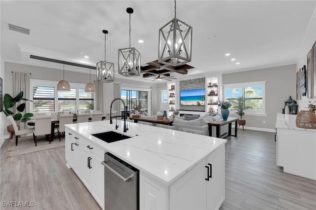 20150 Millrun Dr, Estero, FL 33928 - kitchen with a sink, a chandelier, light wood-style flooring, baseboards, and recessed lighting