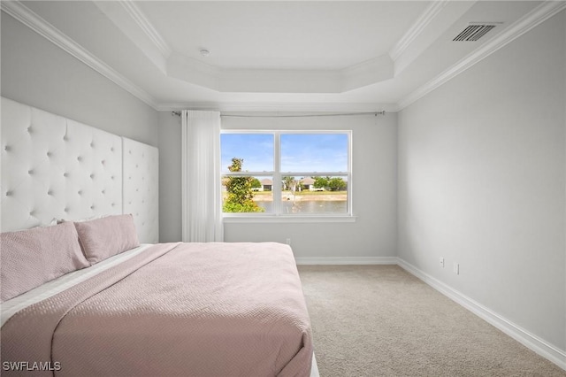 28041 Captiva Shell Loop, Bonita Springs, FL 34135 - bedroom with a tray ceiling, carpet, crown molding, baseboards, and a water view