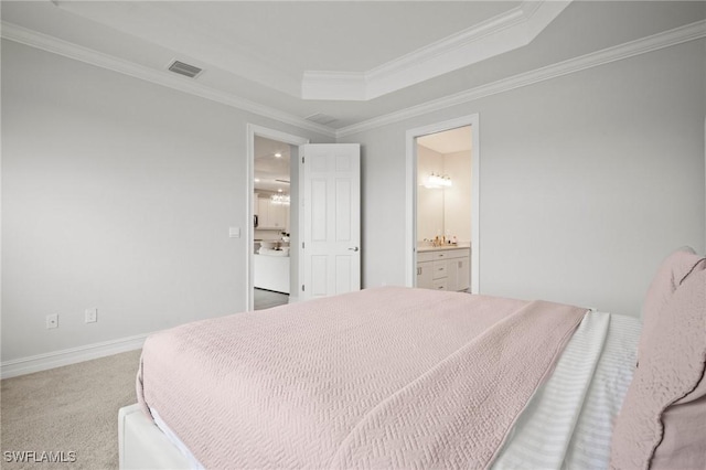 28041 Captiva Shell Loop, Bonita Springs, FL 34135 - bedroom featuring carpet flooring, crown molding, a tray ceiling, connected bathroom, and baseboards