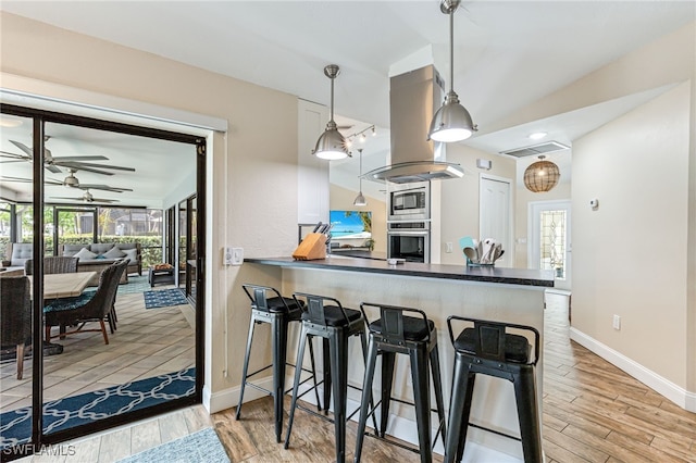 5630 Riverside Dr, Cape Coral, FL 33904 - kitchen featuring stainless steel appliances, light wood-style flooring, island range hood, a ceiling fan, and a breakfast bar area