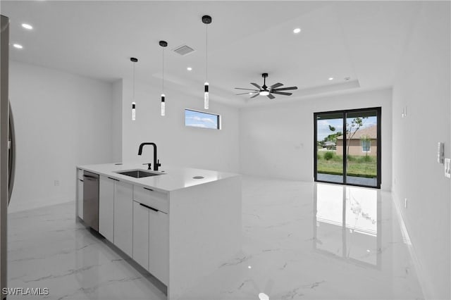 928 NE 8th Place, Cape Coral, FL 33909 - kitchen featuring light marble finish floors, stainless steel dishwasher, a sink, modern cabinets, and recessed lighting