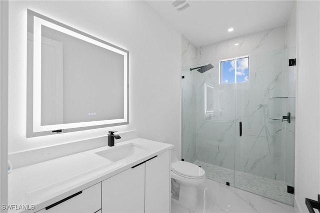 928 NE 8th Place, Cape Coral, FL 33909 - bathroom with vanity, a marble finish shower, marble finish flooring, toilet, and recessed lighting