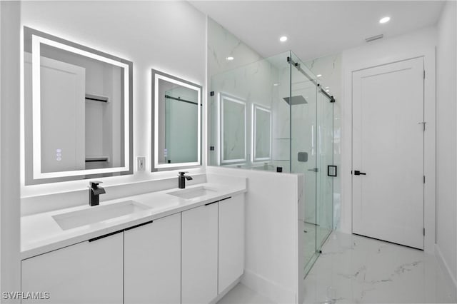 928 NE 8th Place, Cape Coral, FL 33909 - full bathroom featuring marble tiled floors, a marble finish shower, double vanity, and recessed lighting